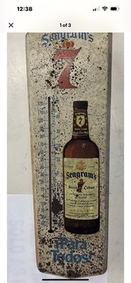VINTAGE ADVERTISING SEGRAM'S 7 WHISKEY  WALL TIN BAR TAVERN THERMOMETER  M-678