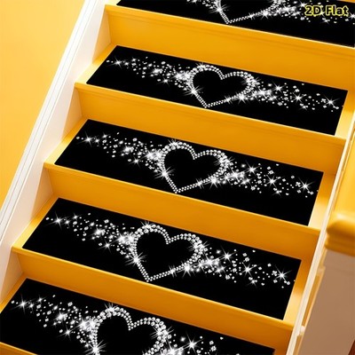 Black Base with Sparkling Diamond Heart Pattern Stair Treads, Non-slip Stair C
