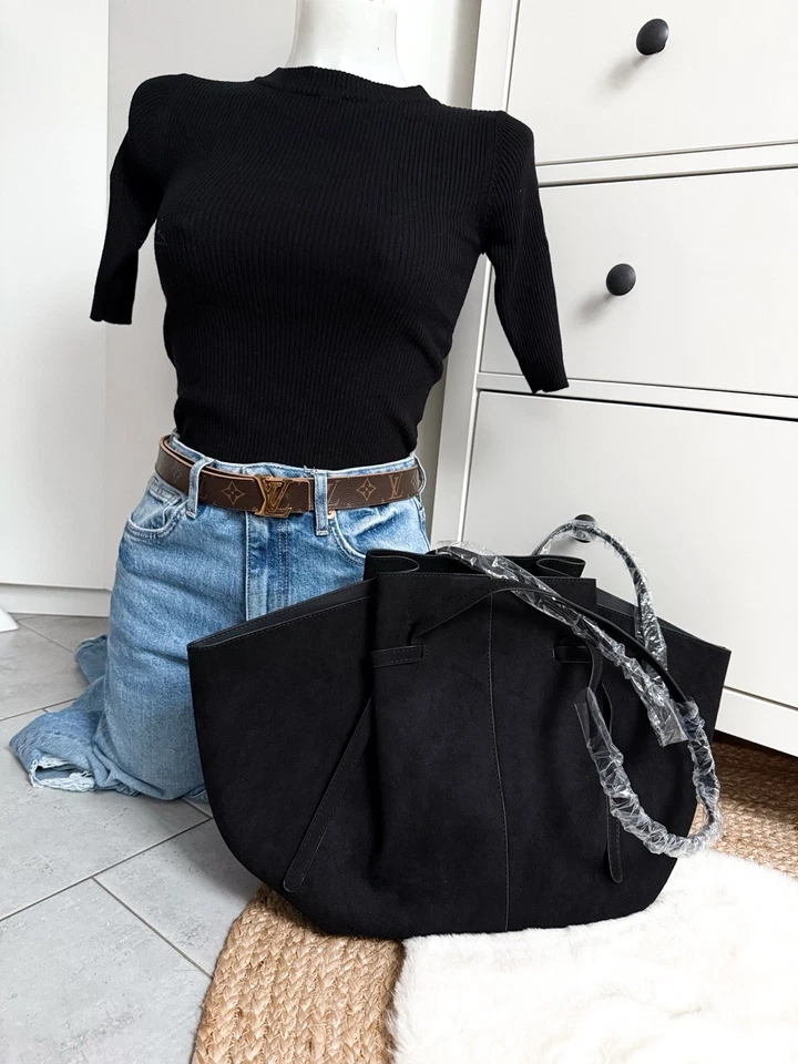 Large Bag Tasche schwarz Shopper handtasche long strap Velours Wildleder Optik - Bild 2 von 4