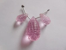 3 Pieces Pink Quartz Hand Carved Tear Drop Top Half Drilled Beads Jewelry Making