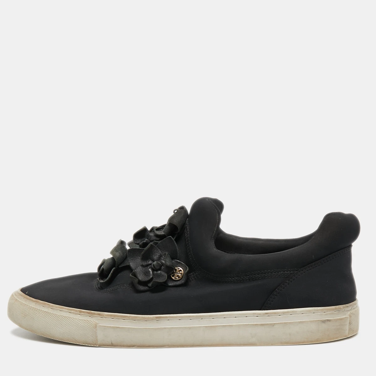 Tory Burch Black Neoprene and Leather Blossom Applique Slip On Sneakers Size