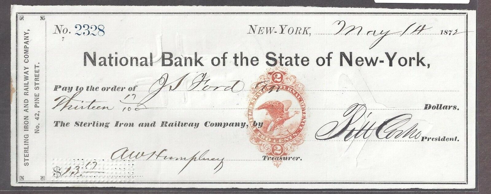 1872 New York City Bank Check RN-H3
