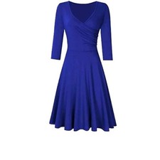Size Small Wrap Style Blue Women V-Neck A-Line Fit Flare Swing Party Dress