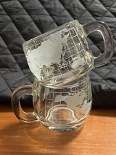 VTG 1970's Nestle Nescafe WORLD GLOBE Etched Leaded Glass Coffee Mugs Cups, 2