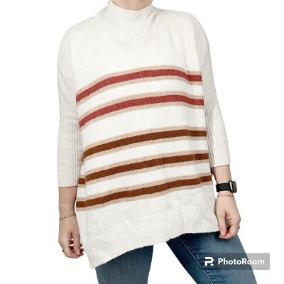 Loft Striped Boxy Sweater Medium Petite Cream Brown Soft 3/4 Sleeve M25 