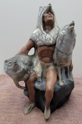 Native American Indian & Wolves Southwestern Artist By Sundance. 9.5'' Tall.
