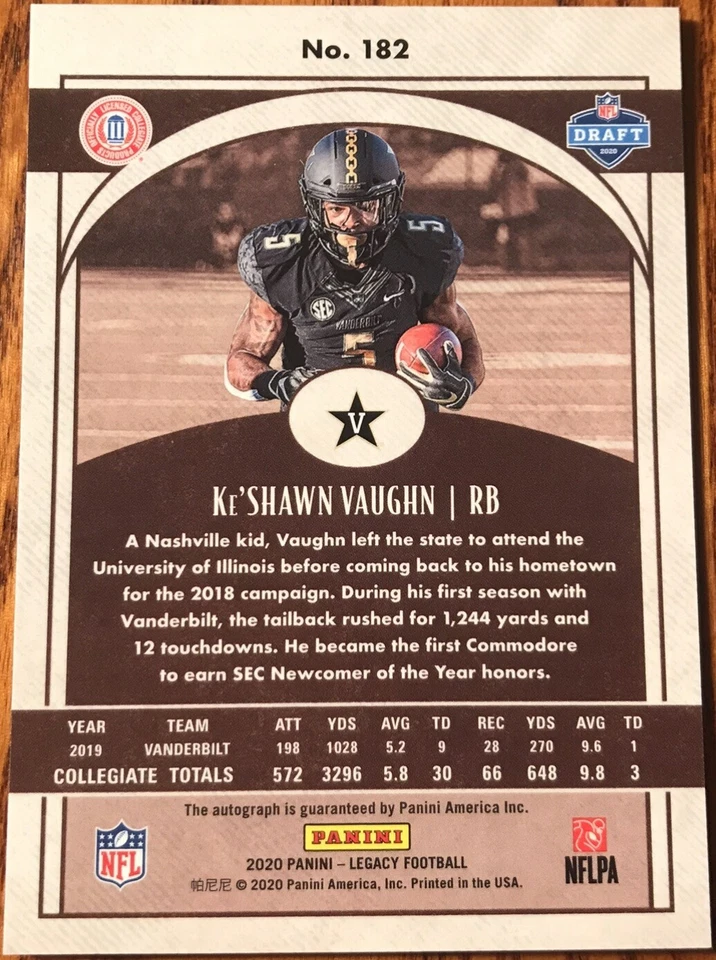 2020 Panini Legacy Rookies Premium Penmanship Silver Ke’Shawn Vaughn #182 - Image 2 of 2