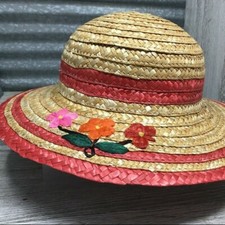 Straw Hat Woven 2.5" Brimmed Girls Dark Pink Bands Multi Colored Flowers Red