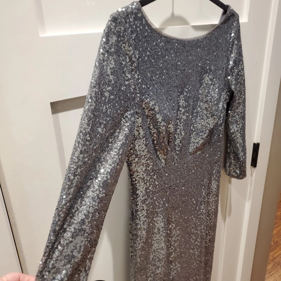 Adrianna Papell Silver Sequin Long Sleeve Cocktail Dress Size 6 Formal Swiftie - Image 3 of 4