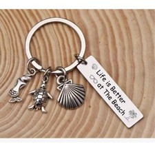 Life Is Better At The Beach Keychain Charms with Mermaid Shell Turtle Accents