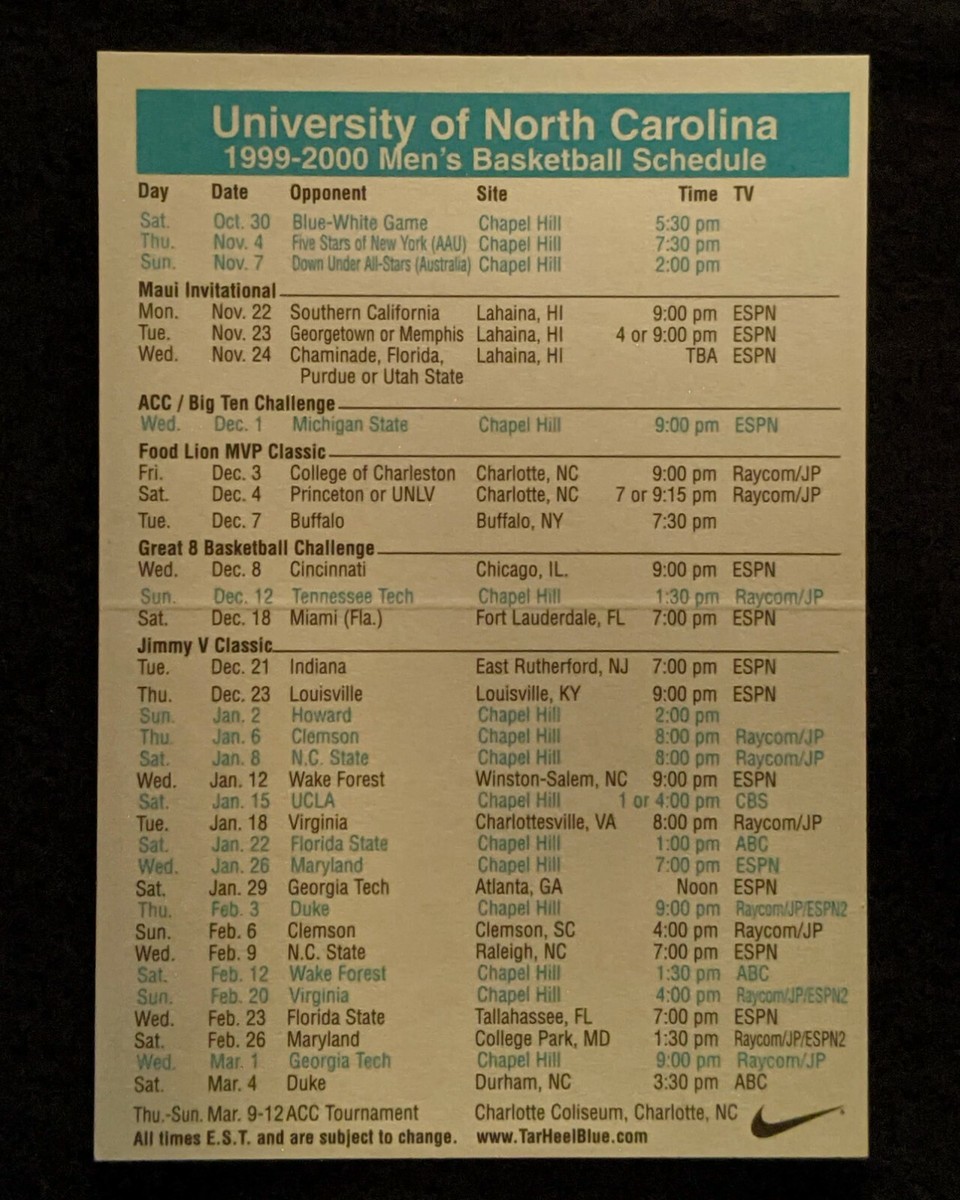 1990-00-north-carolina-tar-heels-basketball-schedule-terrence-newby-ebay