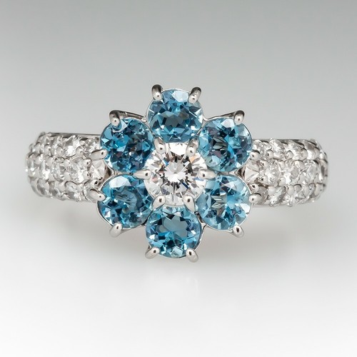 Brilliant Cut CZ Set Into Surrounded Six Prong Set Aquamarine Flower Fine Ring - Picture 4 of 6