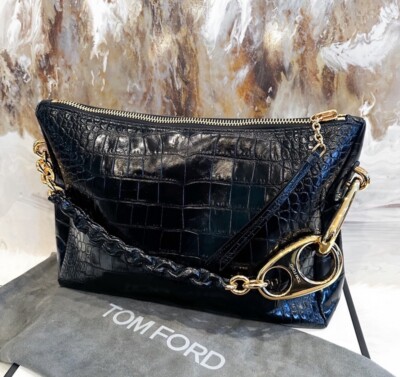 IN STORES $5200 Tom Ford Black Croc Embossed Leather Carine Large