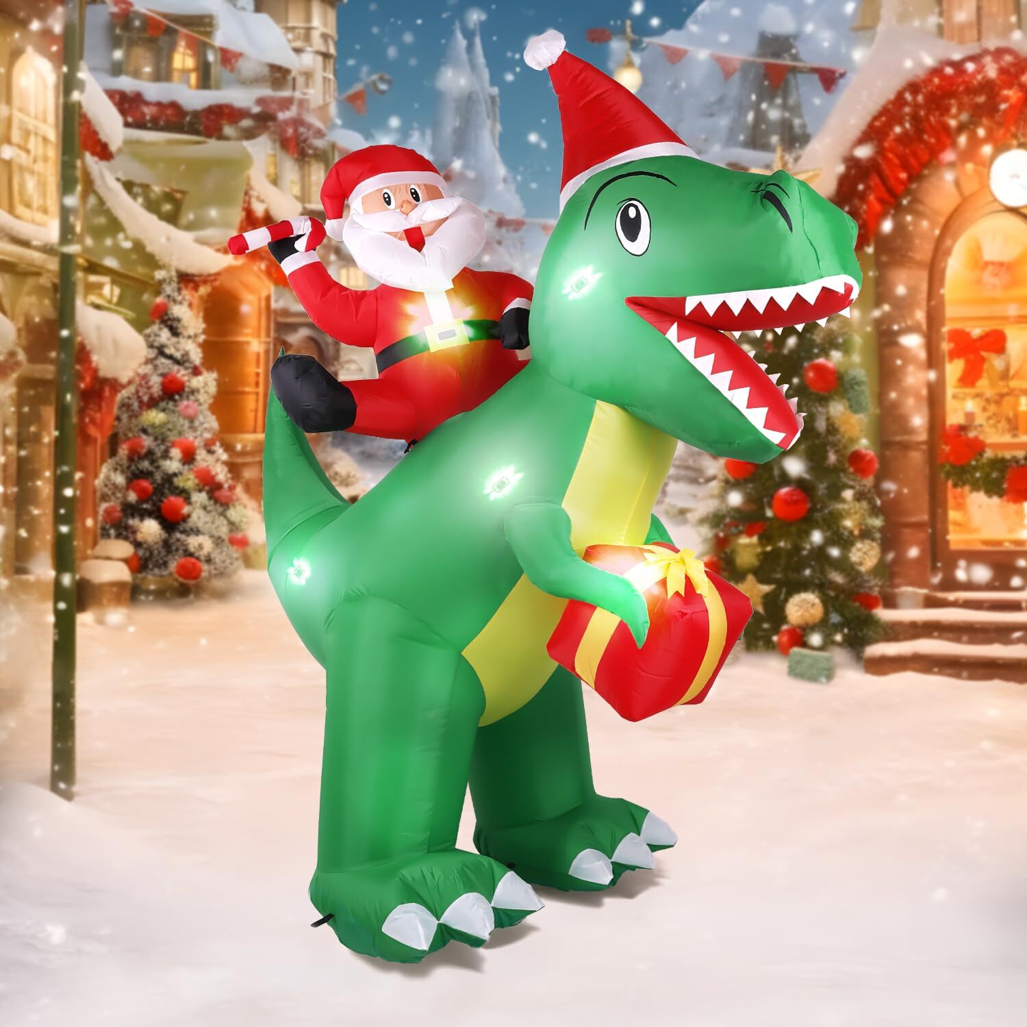 7 ft Christmas Inflatables Outdoor Decorations, Blow Up Dinosaur Christmas Sa...