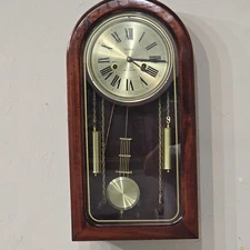 Vintage Waltham 31-Day Chime Wall Clock Wood Case Pendulum Key Serviced Works.
