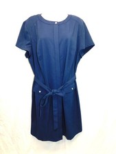Talbots 18W Dark Blue Belted Shift Dress Button Front Short Sleeve Pockets
