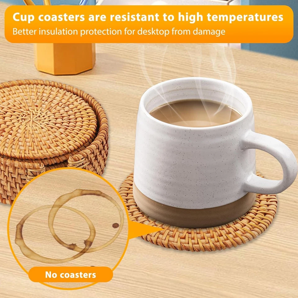 Set Di Sottobicchieri in Rattan Con Supporto - Set Da 6 Sottobicchieri per Bicch - Immagine 3 di 4