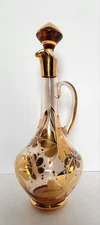 Vintage Romanian Smoked Glass Decanter 22k Gold Gilt Floral 13"