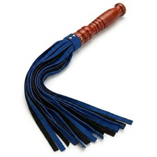 Real Leather Suede Flogger Blue  Black Straps with Wood Handle Cosplay Costume