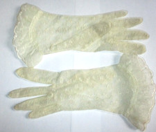 Vintage Cream Sheer Nylon Embroidered Floral Gloves Ruffle Cuff