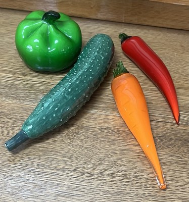 Vtg Murano Style Art Hand Blown Glass Vegetables Set of 4 Pepper Carrot Cucumber