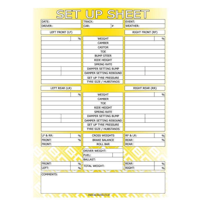 50 x BG Racing A4 Sheets For Motorsport / Track Day Car Chassis Setup / Tuning