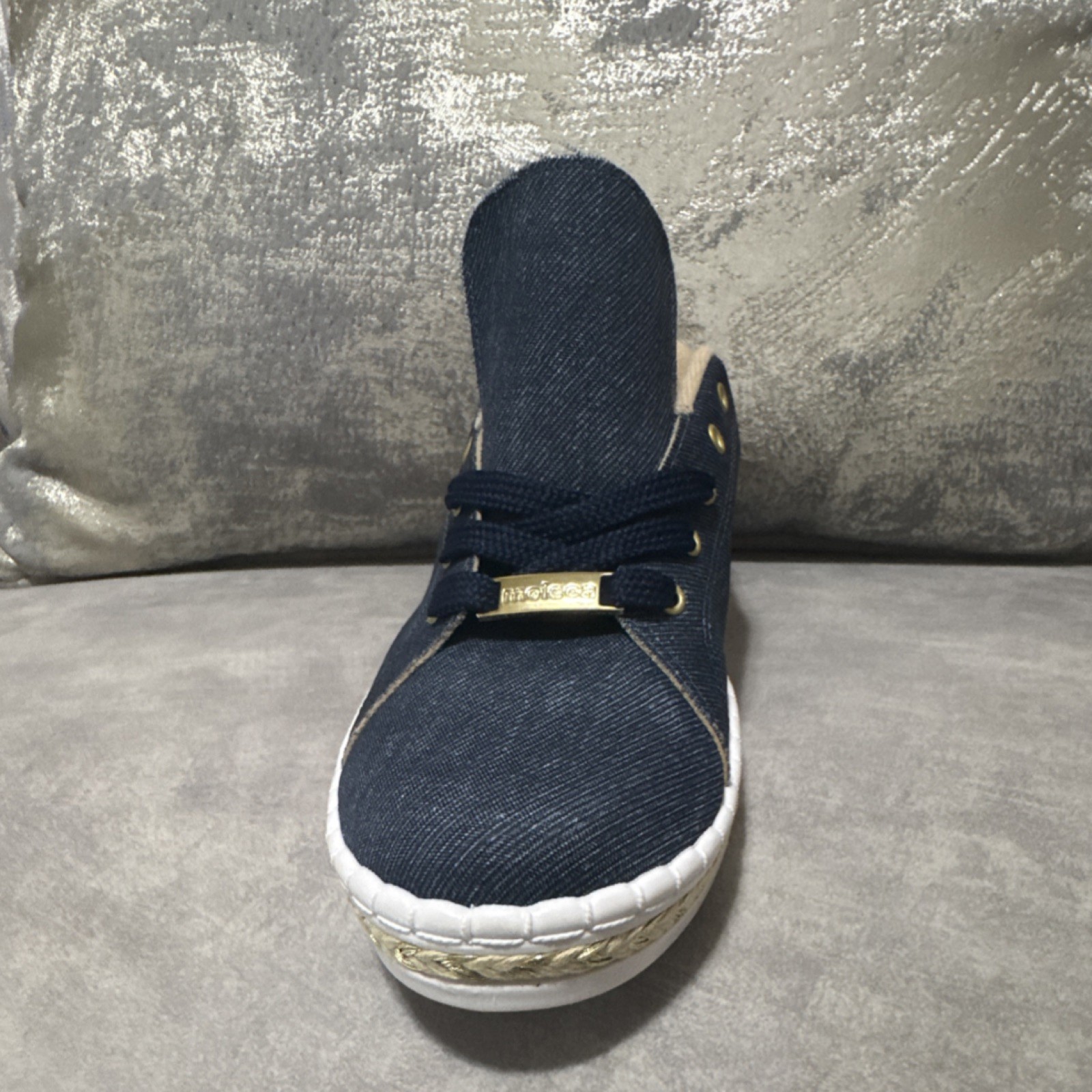 Michael Kors Denim Lace-Up Flats Gold Hardware Braided Trim Blue Beige thumbnail 3