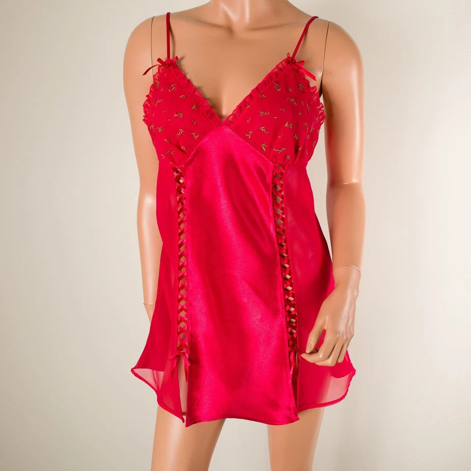 💖 De colección MORGAN TAYLOR Rojo Satinado Gasa L Camisón Bordado Cinta Lencería Foto 3 de 4