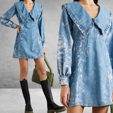 Ganni Net Sustain Ruffled Light Bleached Denim Mini Dress Size 36 US 4