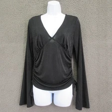 Vero Moda Top Womens Large Black Long Sleeve Ruched V Neck Stretch Blouse Shirt