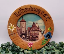 Rothenburg O D T Germany Plate Carved Painted Alpine Flowers Wood MCM