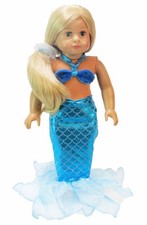 Disfraz de sirena azul de 2 piezas para muñeca tamaño niña americana de 18"