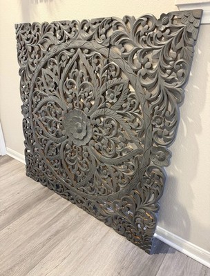 Wall Art 3 Panels Floral Mandala Latticework Design Teak Wood  Handcrafted 48 