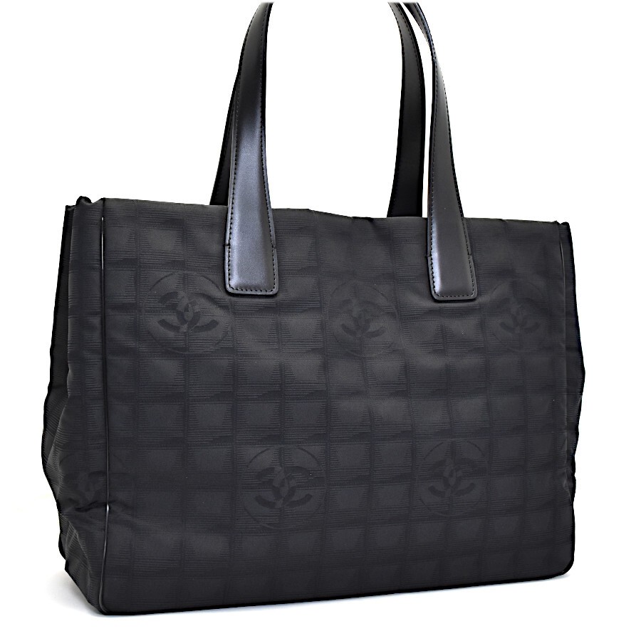 CHANEL Nylon Jacquard Leather Tote Bag MM Black A15991 Travel Line