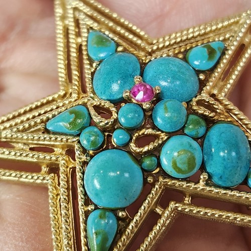 Rare Capri Signed Star Brooch Turquoise Cabocons Pink Rhinestone Gold Tone 1950s - Picture 10 of 12