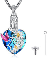 Hummingbird Crystal Heart Urn Necklace for Ashes for Women 925 Sterling Silver
