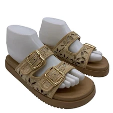 Top Moda Slide Sandals 7.5 Raffia Floral Cut Out Double Buckle Strap Beachy