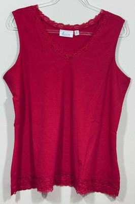 D & Co Essentials Red Lace Trim Tank Top Knit Shirt Denim Co Accent Shell 1X
