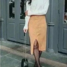 Express Ribbed Knit Midi Pencil Skirt Beige tan XSmall Pull-on NWT