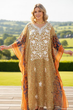 Women’s Orange Floral Georgette Kaftan Maxi Dress Flowy Boho Resort Wear L-4X