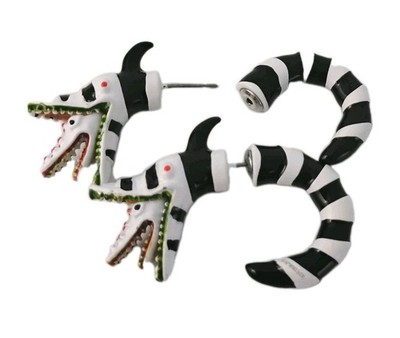 Beetlejuice Sandworm Earrings Faux Gauge Studs Black White Striped Unisex 