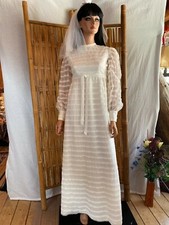 VTG Handmade Long Wedding Party Dress Off White Dots Swiss Frilly Lace w Veil XS