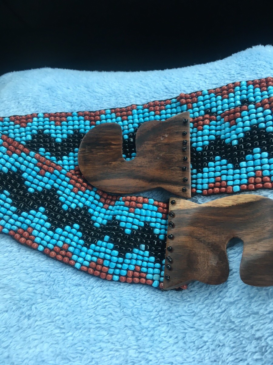 Wooden Interlocking Buckle Aztec Southwest Turquoise Boho 