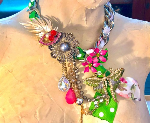 OOAK Asymmetrical Artisan Statement Necklace*Butterfly*Flowers*Upcycled Jewelry - Picture 4 of 13
