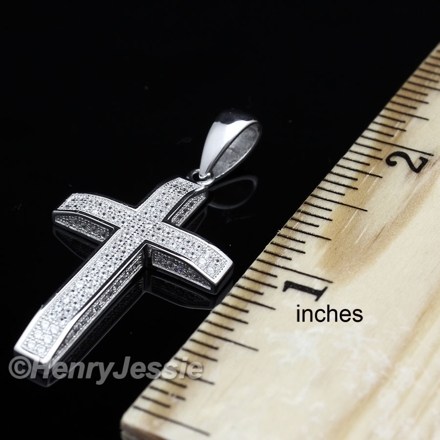 MEN WOMEN 925 STERLING SILVER ICY BLING CUBIC ZIRCONIA 3D CROSS PENDANT ...