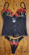 New Vintage 2 Piece Sheer Teddy Lingerie Black Red Rose PJ Nighty Size Small