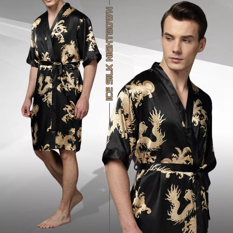 Luxury Ice Silk Men's Kimono Robe Night Gown Short Sleeve Bathrobe Sleepwear