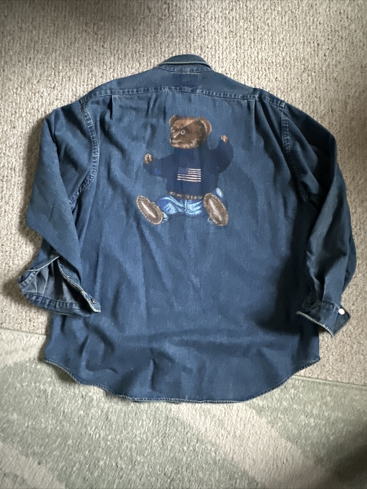1992 Polo Ralph Lauren Sit Down Bear Denim Shirt Men XL Rare Stadium Snow Beach