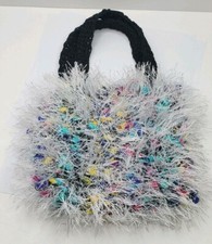 Black Crochet Knitted Handbag Purse with Unique Handmade Confetti Puffy Cover