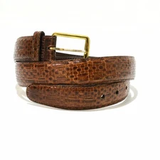 70s Vintage Italian Kipskin Leather Belt Mens 34 Basketweave Design Brass Buckle